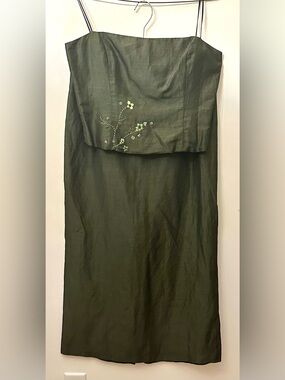 Olive Green Embroidered Two Piece  Linen Top and Skirt